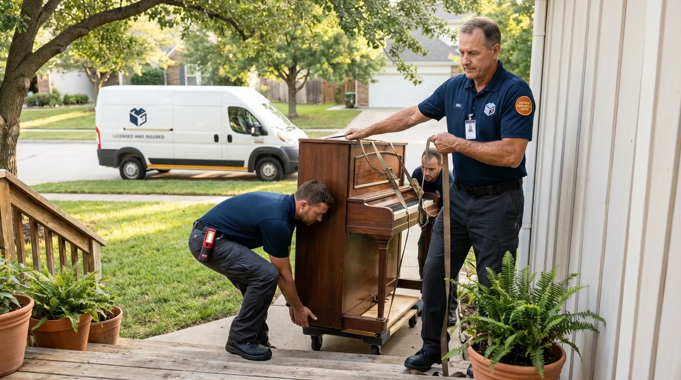 Licensed piano movers securing grand piano in Bridgeport, TX