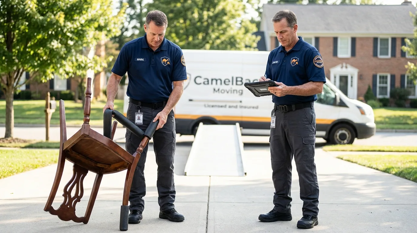 Movers inspecting furniture for damage prevention before loading in Bridgeport, TX