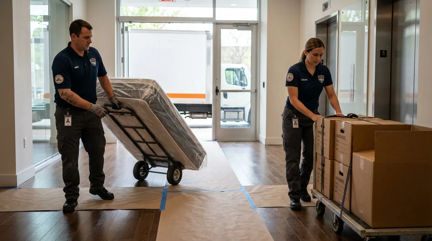 Professional apartment movers loading elevator in Bridgeport, TX